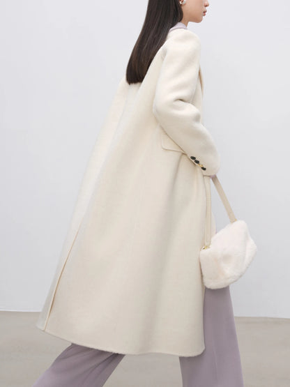 ZIQIAO Women Notched Collar Woolen Coat Beige Simple Double Breasted Long Front Shoulder Wool Coat 100% Wool Coat 24ZQ94123