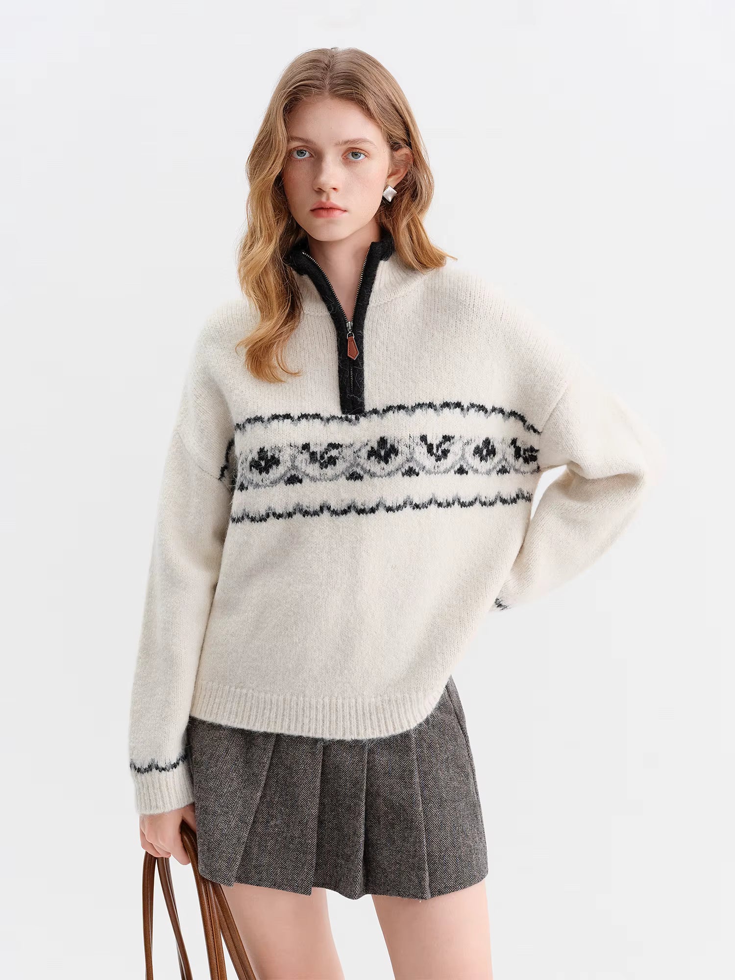 Vintage Fair Isle Jacquard Knit Sweater for Women 2025 Winter New Arrival Semi Open Front Zip-Up Pullover Winter Sweaters