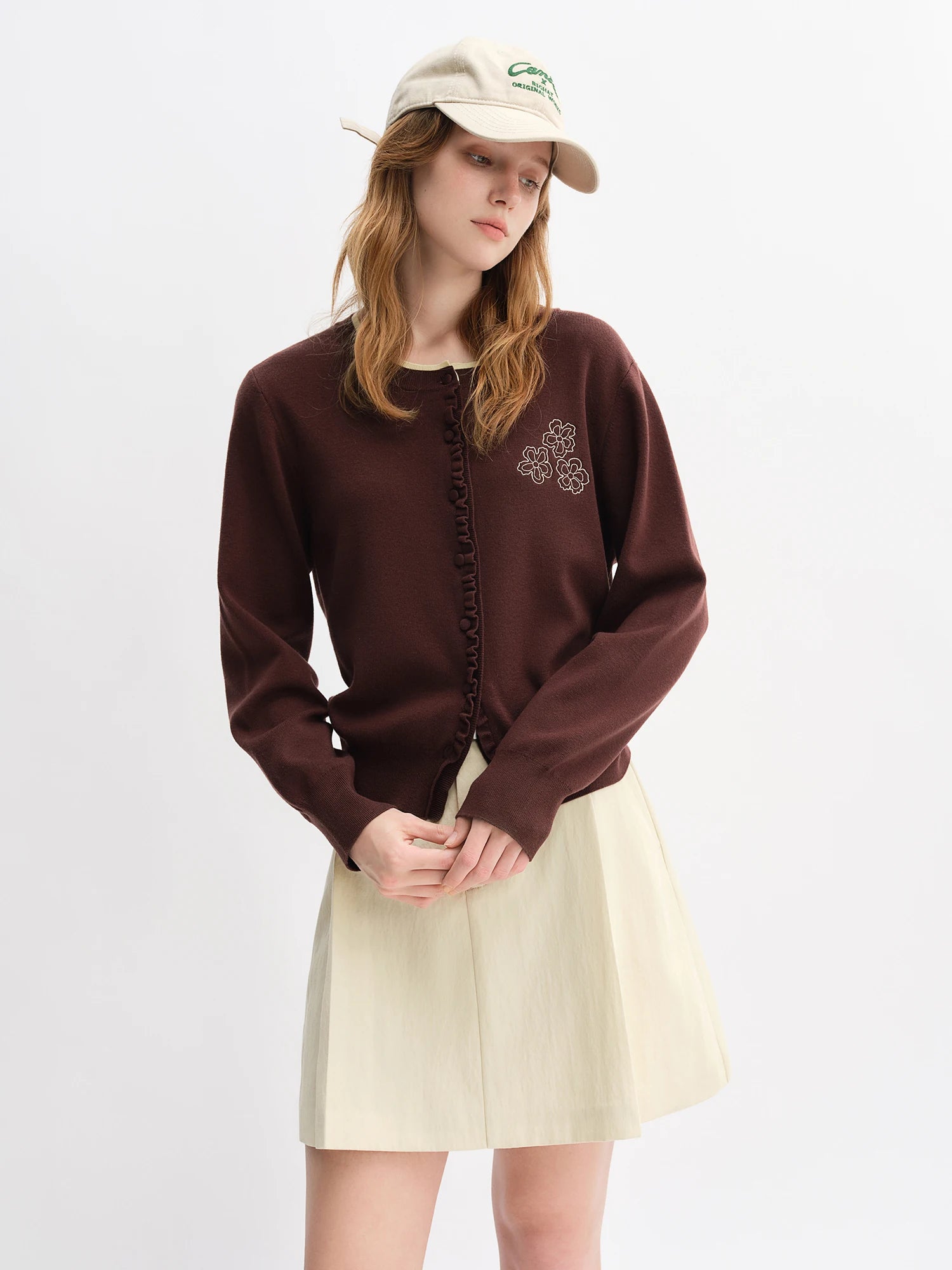 DUSHU Autumn 2025 Women's Floral Embroidered Knit Cardigan - Ruffle Trim Loose Fit Lightweight Layering Casual Blouse Top