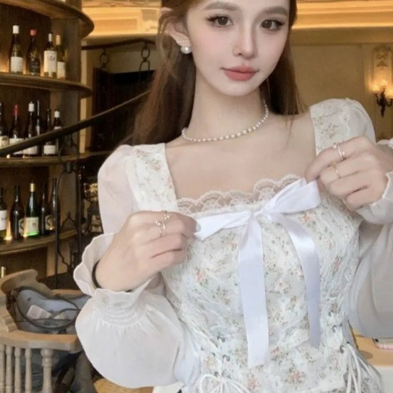 Square Collar Blouses for Women Long Sleeve Thin Summer Female Korean Style Slim All-match Casual Breathable Young Girls Lace-up