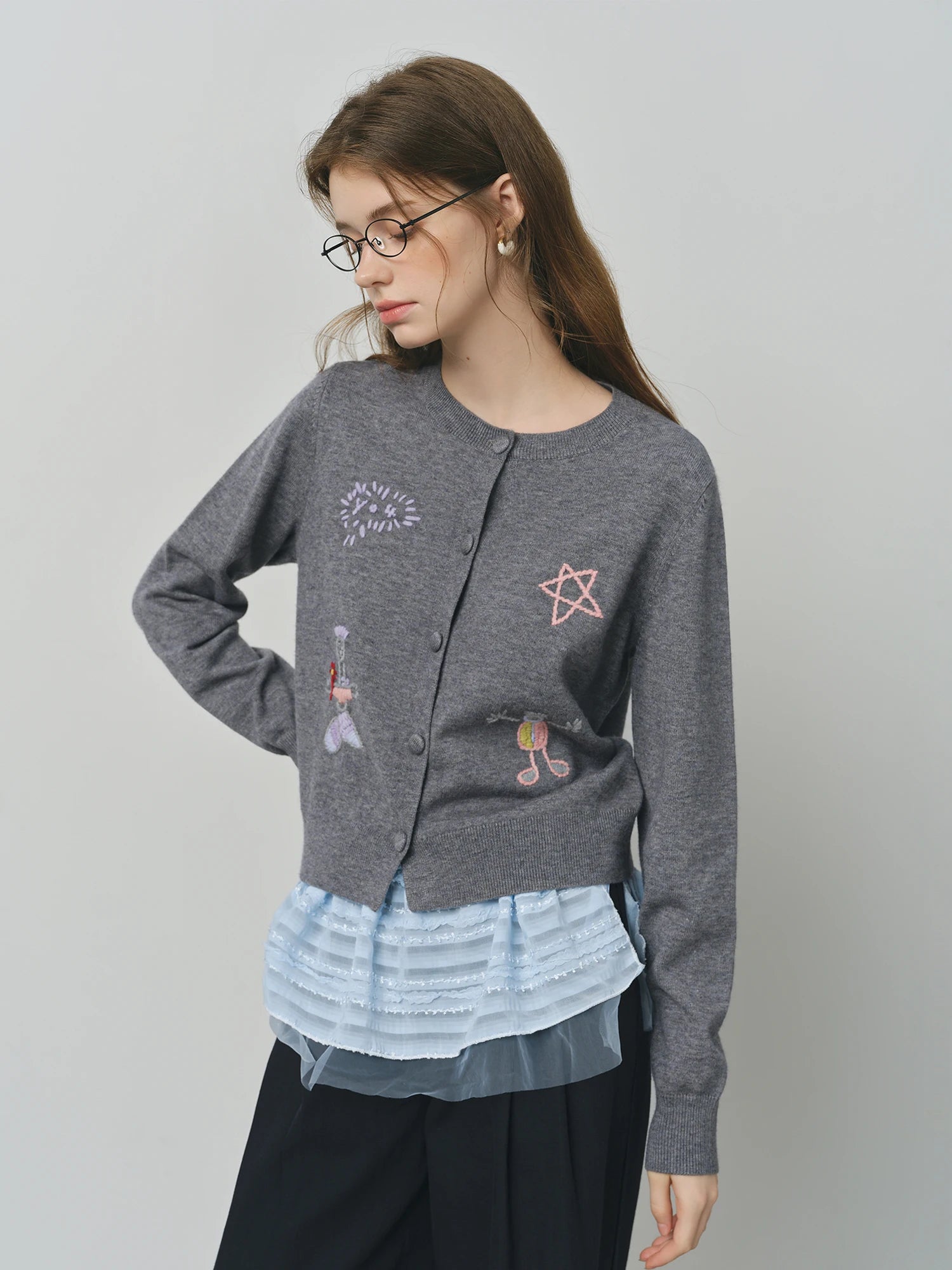 FSLE Embroidered Cute Long Sleeves Chic Cardigan Sweater for Women 2025 Autumn New Arrival Style Warm Cardigan