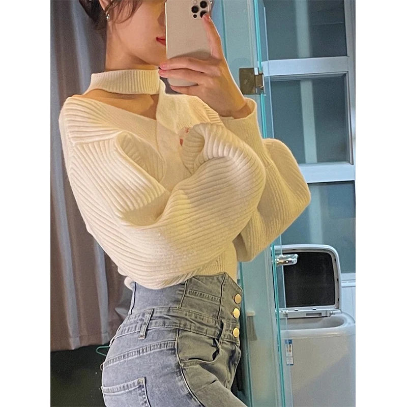 Cropped Halter Sweater Women Korean Black Sexy Off Shoulder Knitted Pullovers Winter Ladies Elegant Knitwear Fashion Jumpers New