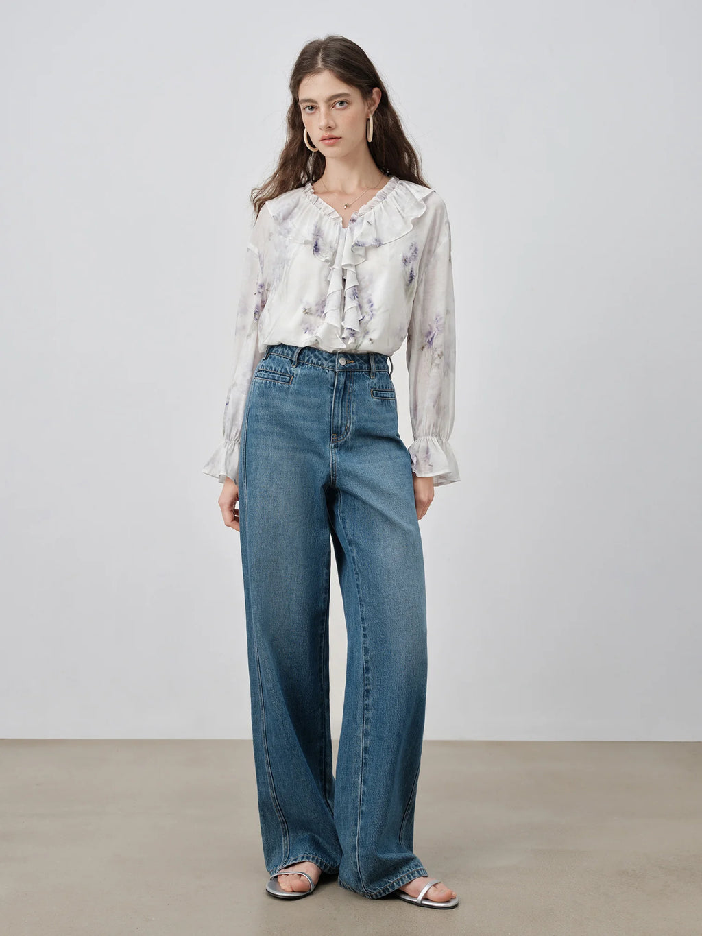 ZIQIAO 2025 Summer Petite Women Wisteria Floral Print V-Neck Blouse - Flowy Draped Ruffle Trim Sleeve Shirt for Elegant Outfits