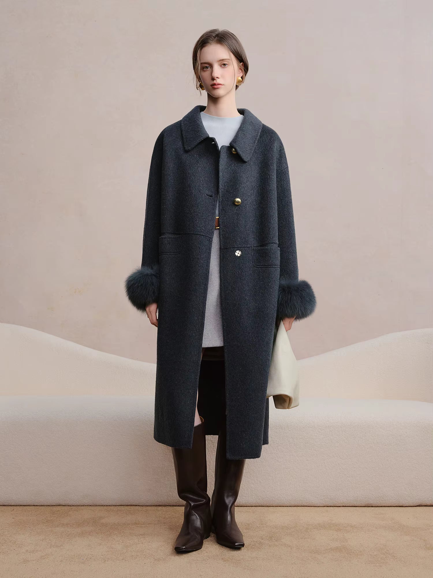 Plus Size Women's Detachable Collar Double Faced Wool Coat 2025 Winter Swan Style Tweed Overcoat Elegant Casual Outerwear