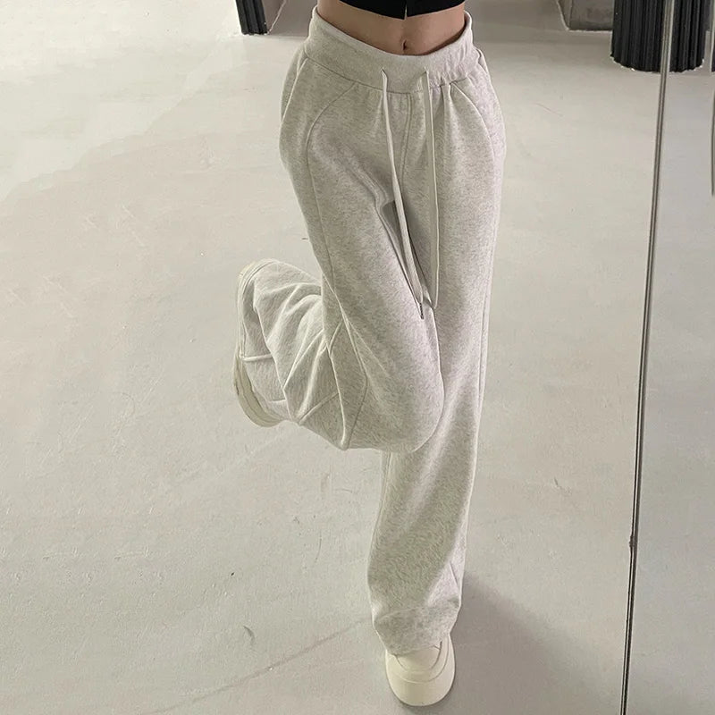 Women Basic White-gray Black Elastic Sports Trousers Lady Wide Leg Straight Leg Pants Female Versatile High Waisted Sweatpants