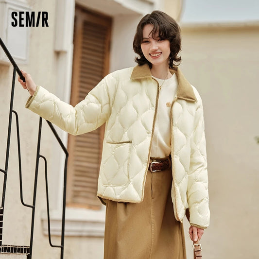 Semir Down Jacket Women Medium Length Light Weight Corduroy Collar 2024 Winter New Vintage Three-Proof Coat