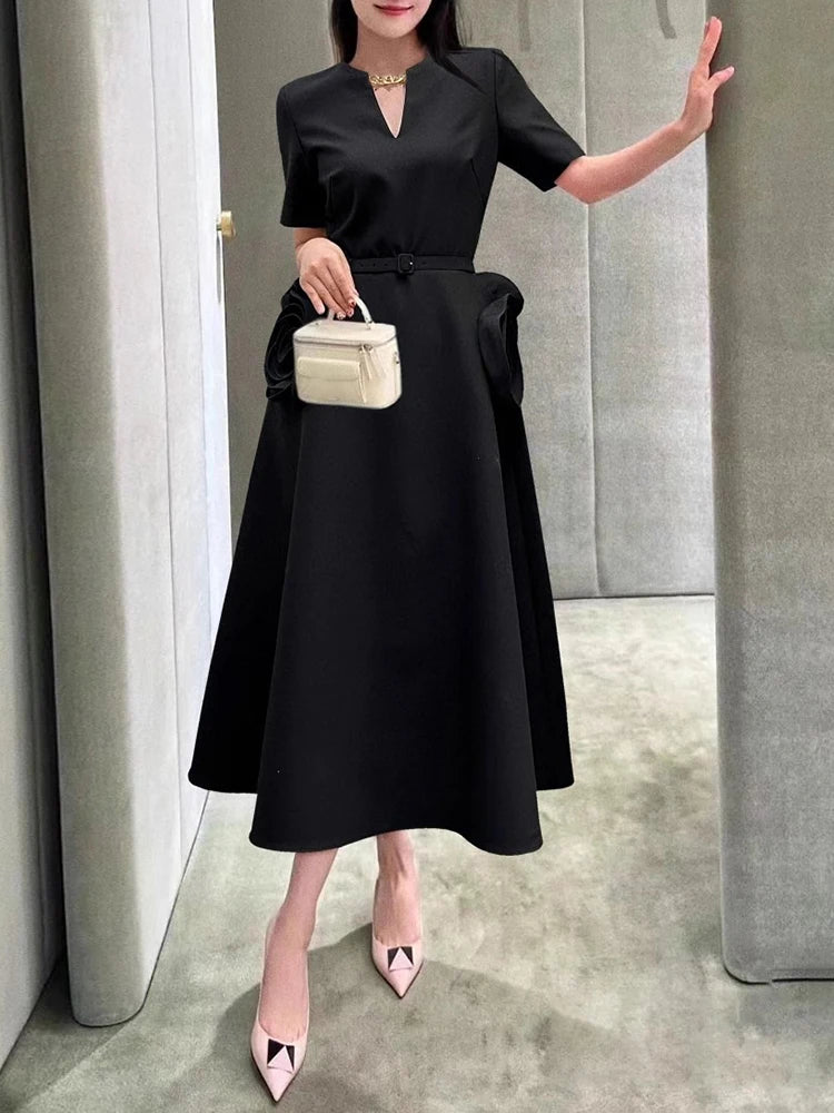 VGH Elegant Solid Patchwork Appliques Dresses For Women V Neck Short Sleeve High Waist Spliced Belt Temperament Dress Female New