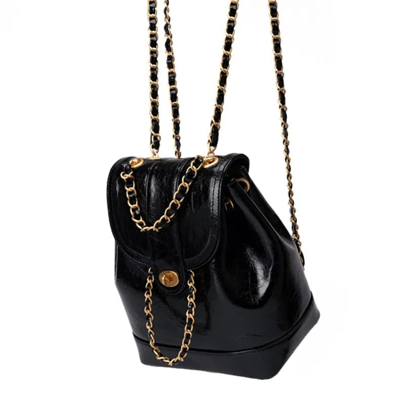 Women Korea Spring Mini Chains Backpack Female Ins Student Oil Wax Leather Shoulder Bag Travel Bagpack Black Rucksack Sac
