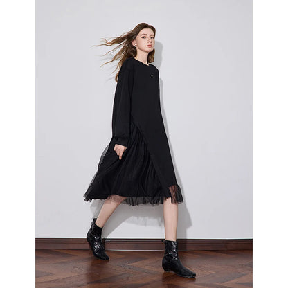 TOYOUTH Women Dress 2024 Autumn Winter New Mesh Splicing Round Neck Long Sleeve Casual Dress Black