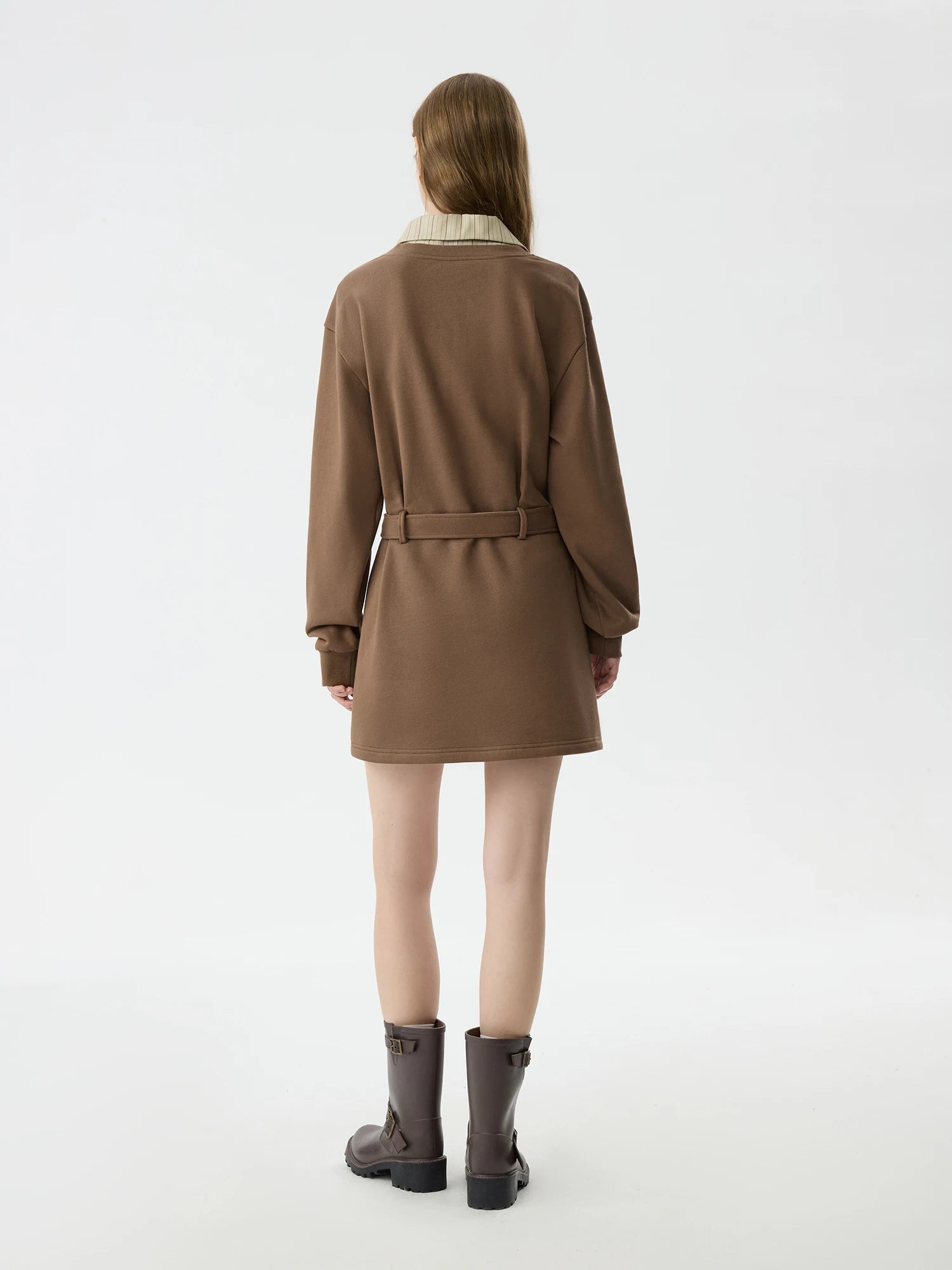 FSLE Women Winter Long Sleeve Dress Polo Neck Patchwork Design Mini Dress With Sashes Khaki Full Sleeve Short Dress 24FS14595