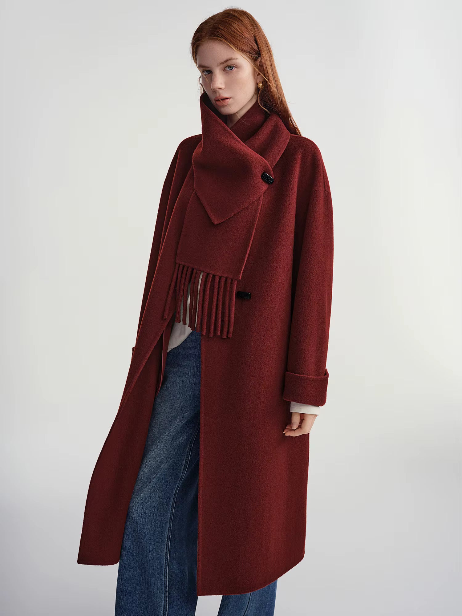 Plus Size Women's Design Forward Double Faced Wool Trench Coat with Detachable Scarf Collar 100% Sheep Wool With Scarf