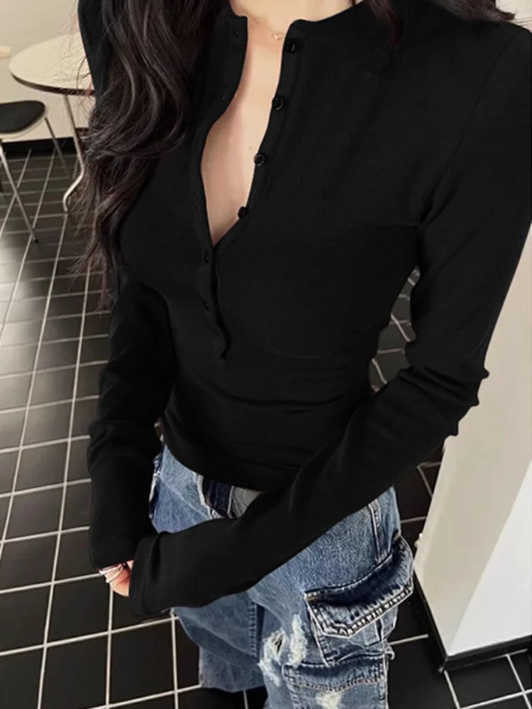 Buttons Women's Long Sleeve T-shirt Sexy Coquette Clothes Autumn Winter Top Female Red Kpop Harajuku Fashion Japanese Vintage