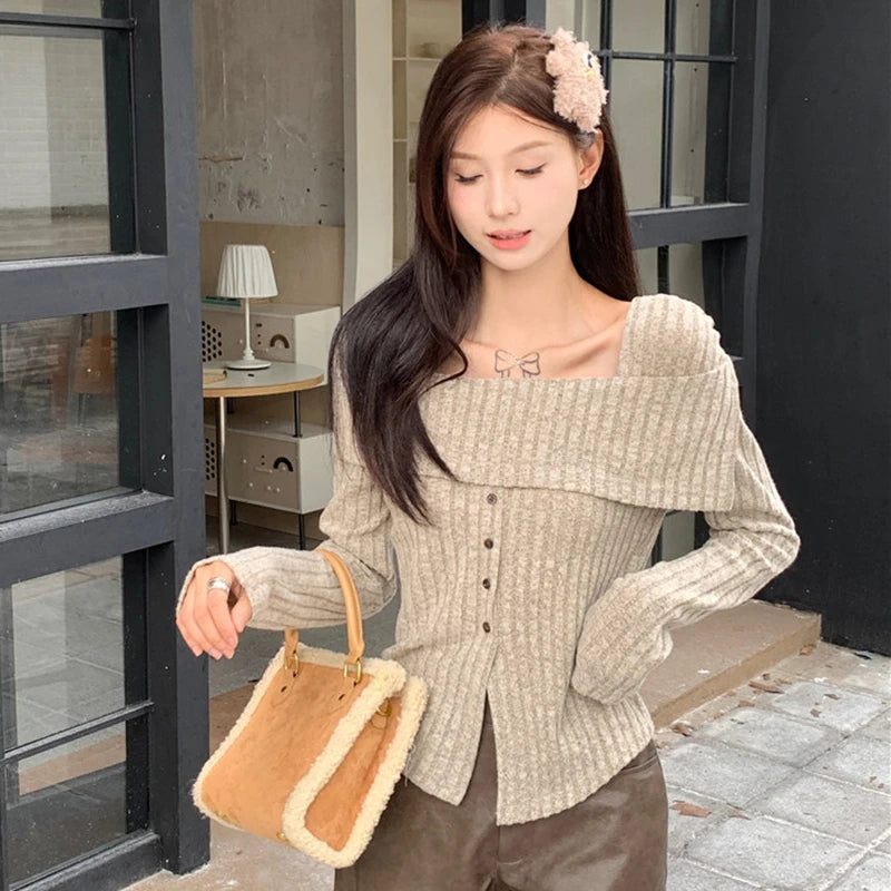 Y2K Pink Women T Shirts Korean Sweet Knitted Long Sleeve Women Casual Tops Autumn New All Match Square Collar Ladies Crop Tops