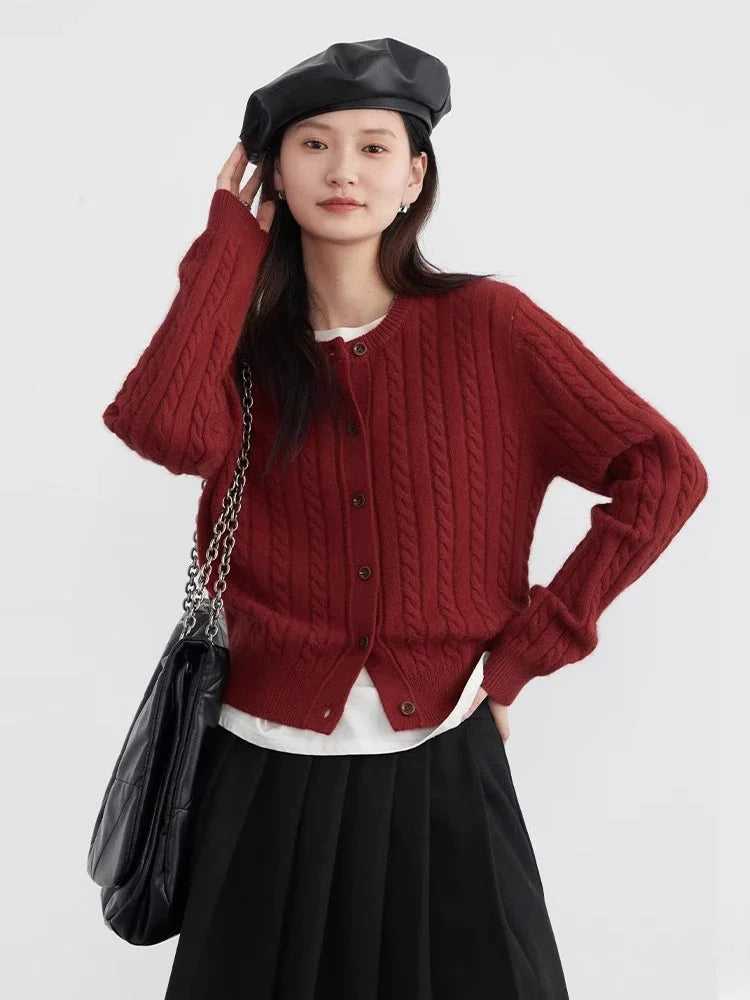 CHIC VEN Women Cardigan Casual Red O Neck Twisted Single Breasted Female Knitted Sweaters Ladies Jumpers Spring Autumn 2024