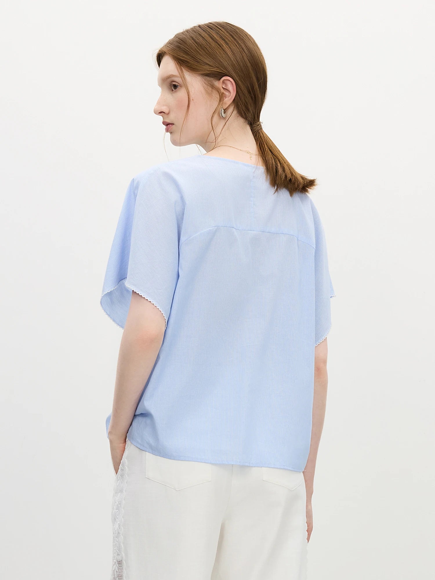 FSLE 2025 Summer Women's Cotton Round Neck Blouse - Textured Bell Sleeve Relaxed Fit Resort to Office Top
