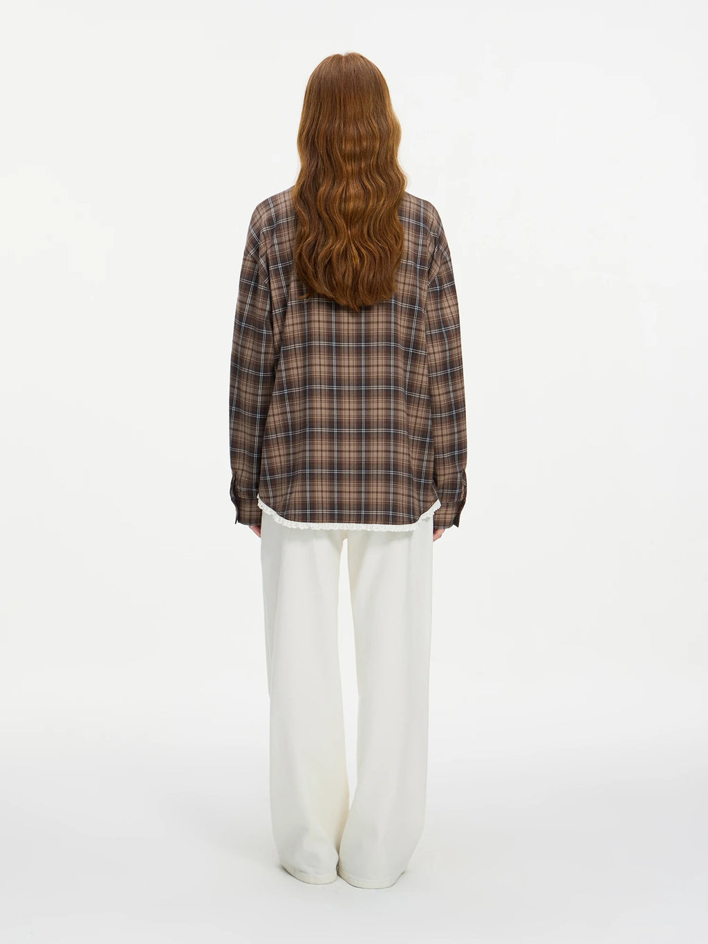 FSLE Women Plaid Blouse Polo Neck Drop Sleeve Female Retro Brown Plaid Shirt Hem Lace Patchwork Design Long Sleeve Top 24FS14543