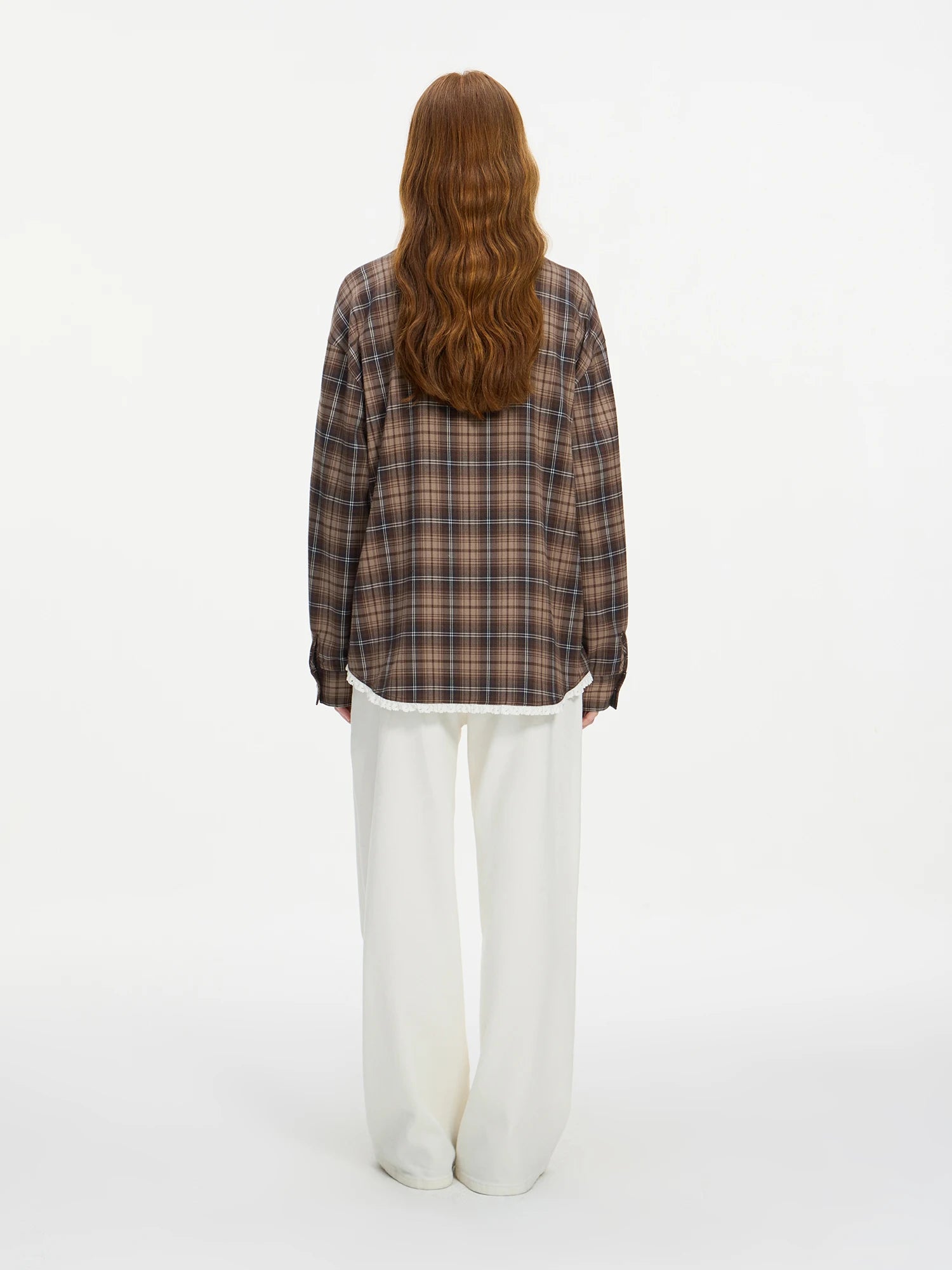 FSLE Women Plaid Blouse Polo Neck Drop Sleeve Female Retro Brown Plaid Shirt Hem Lace Patchwork Design Long Sleeve Top 24FS14543