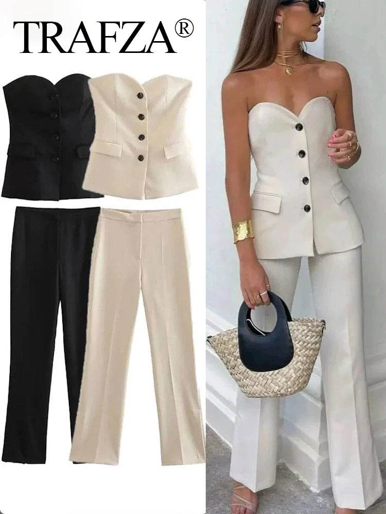 Solid Tube Top Pant Suit Sleeveless Off Shoulder Single Breasted Tube Top+All-match Straight Trousers Set TRAF
