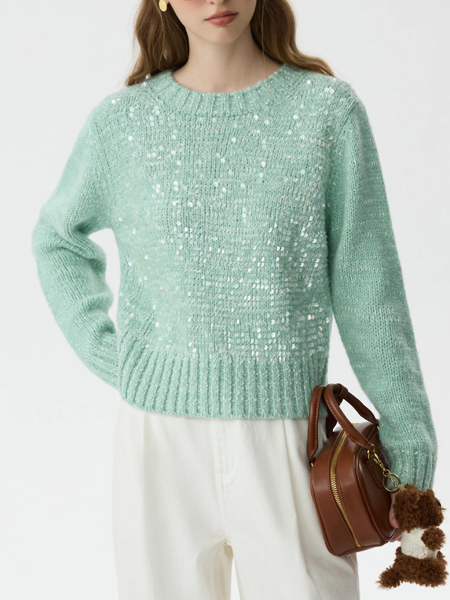 FSLE 5.9% Sheep Wool Sequined Knitted Sweater For Women Winter 2024 New Design Two Colors Long Sleeve Pullover 24FS14254