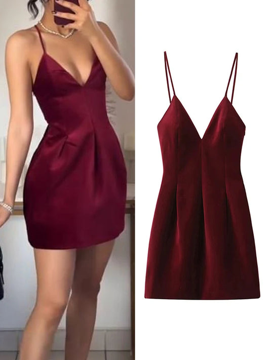 Retro Red Velvet Sling Dress For Women Elegant Sleeveless V Neck Backless Mini Dress Lady A Line Merry Christmas Party Vestidos