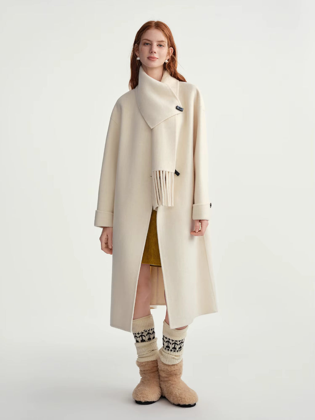 Plus Size Women's Design Forward Double Faced Wool Trench Coat with Detachable Scarf Collar 100% Sheep Wool With Scarf