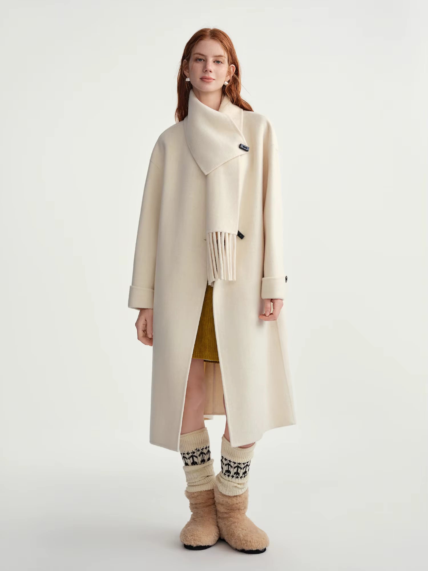 Plus Size Women's Design Forward Double Faced Wool Trench Coat with Detachable Scarf Collar 100% Sheep Wool With Scarf