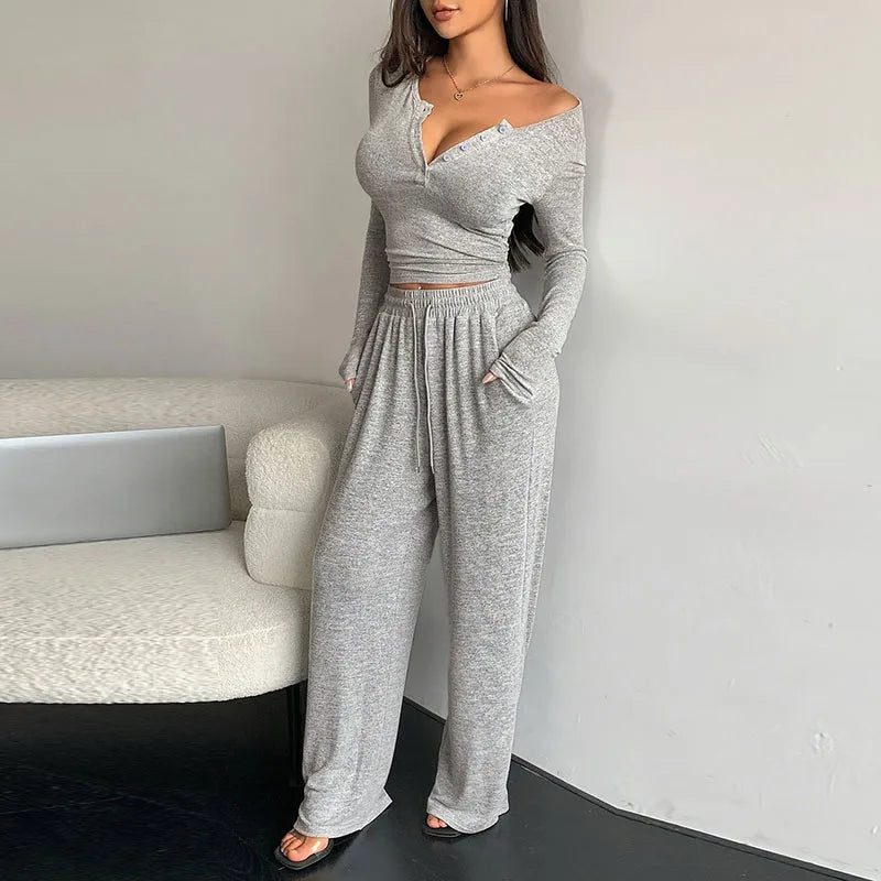 Women Two Piece Sets Pajama Set Sexy V-neck Long Sleeve Shirts Loose High Waist Wide Leg Pant Sets Lady Sleepwear Tracksuits