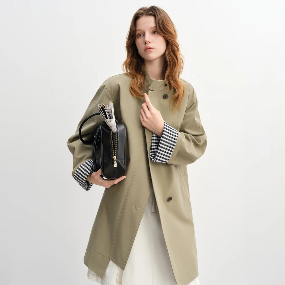 DUSHU Autumn 2025 Women's Stand Collar Trench Coat - Relaxed Fit Plaid Patchwork Loose Outerwear Casual Windbreaker Top