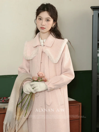 ALXNAN Autumn Winter Quilted Woolen Coat 2024 Straight Sweet Polo Collar Lace-up Straight Long Sleeve Outerwear Woman LXN32987