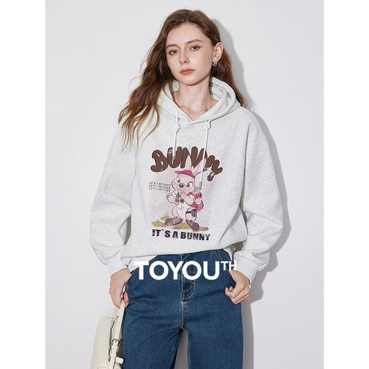 TOYOUTH Women Hoodies Sweatshirt 2024 Autumn Winter New Rabbit Printed hooded Slim Fit Casual Pullover Tops