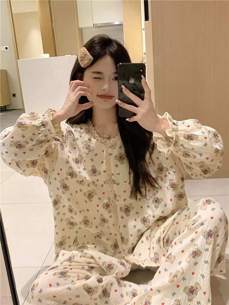 New Sweet Spring Women Home Suits Female Lace Trim Cute Pajamas Sets Girls Cartoon Long Sleeves Trousers Simple Nightwear