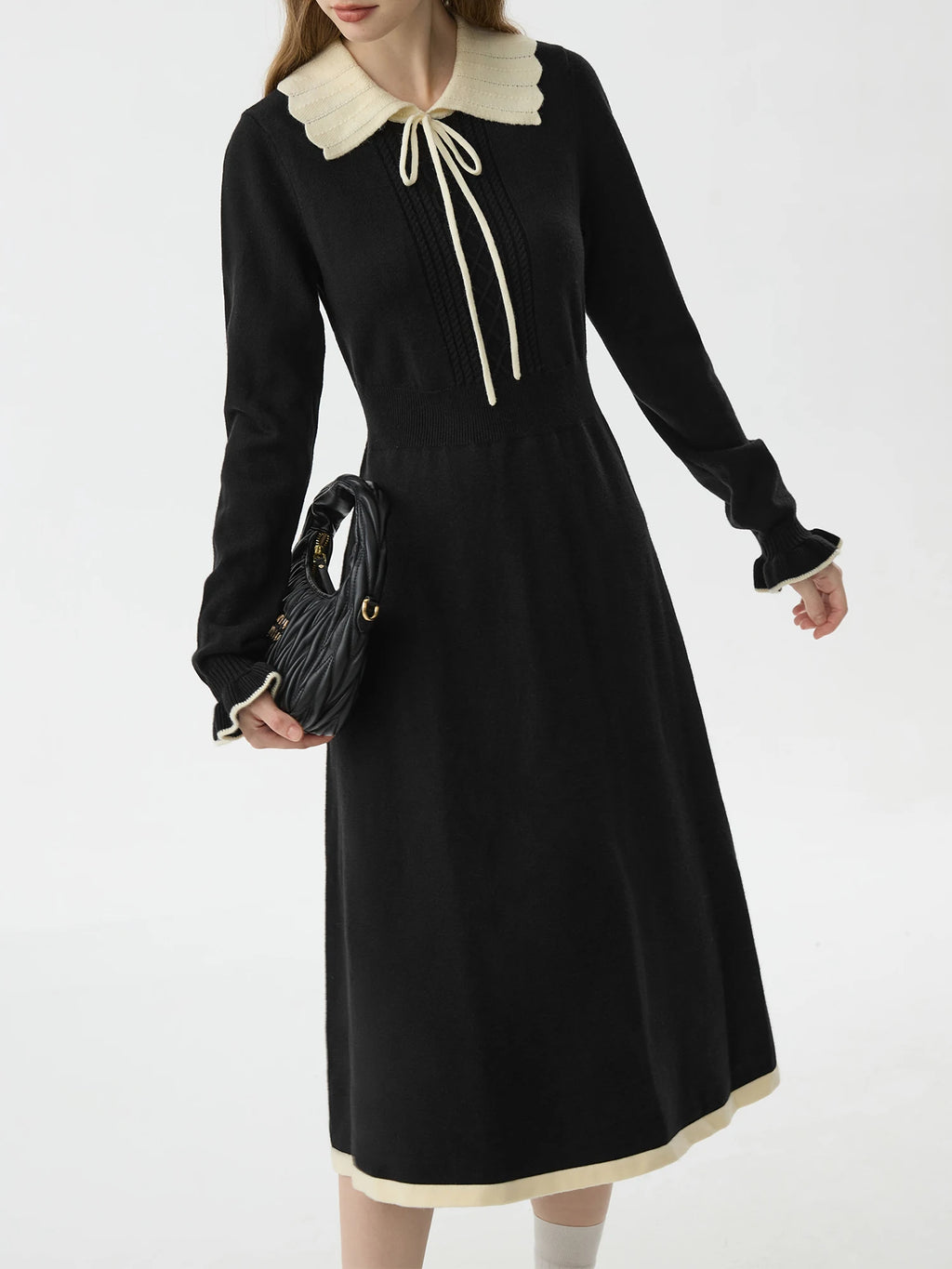 FSLE Office Lady Color Blocking Collar Knitted Dress for Women's Autumn Winter New Waist Cinching Black High Waisted Dress