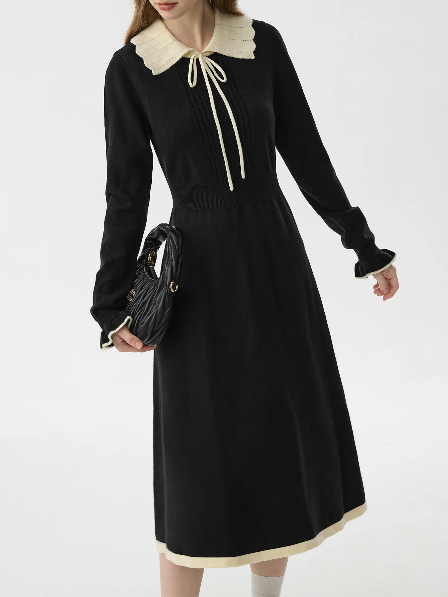 FSLE Office Lady Color Blocking Collar Knitted Dress for Women's Autumn Winter New Waist Cinching Black High Waisted Dress