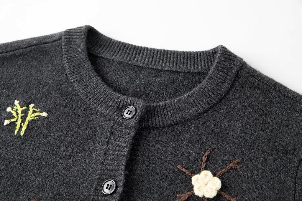 2025 Winter Women's Cute Knit Cardigan Round Neck Hand Embroidered Casual Top Soft Yarn Open Front Sweater Daily Loungewear