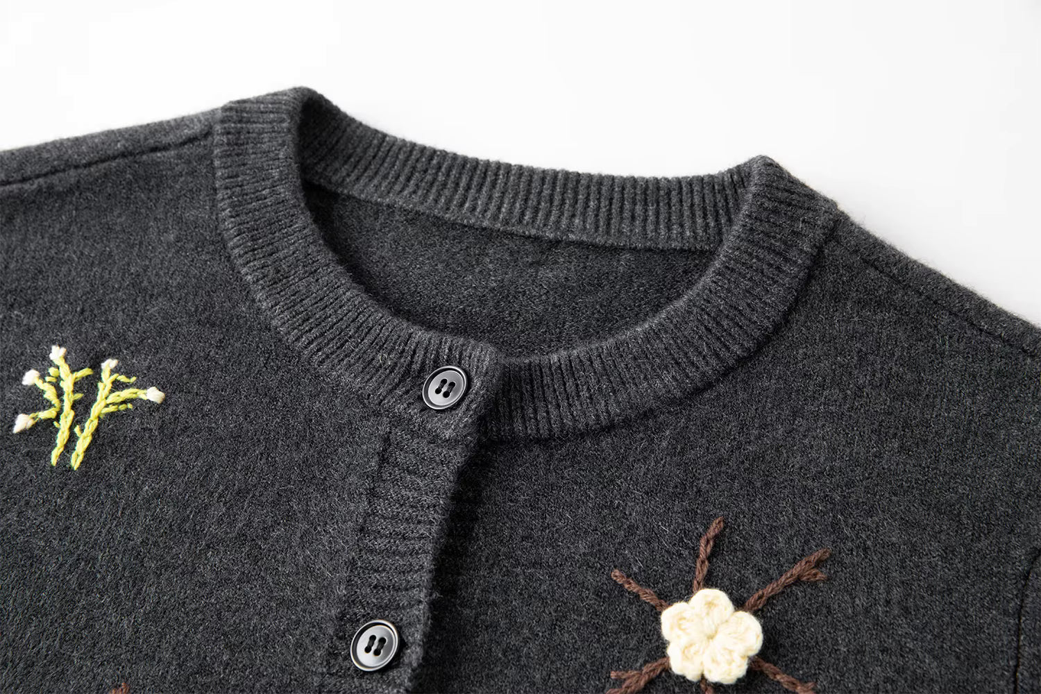 2025 Winter Women's Cute Knit Cardigan Round Neck Hand Embroidered Casual Top Soft Yarn Open Front Sweater Daily Loungewear