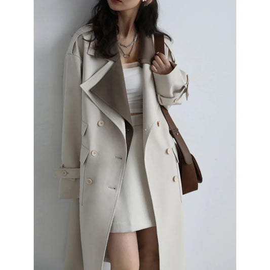 CHIC VEN Women Spliced Trench Coat Korean Loose Turn Down Collar Windbreaker Fashion Long Female Clothes Overcoat Autumn 2023