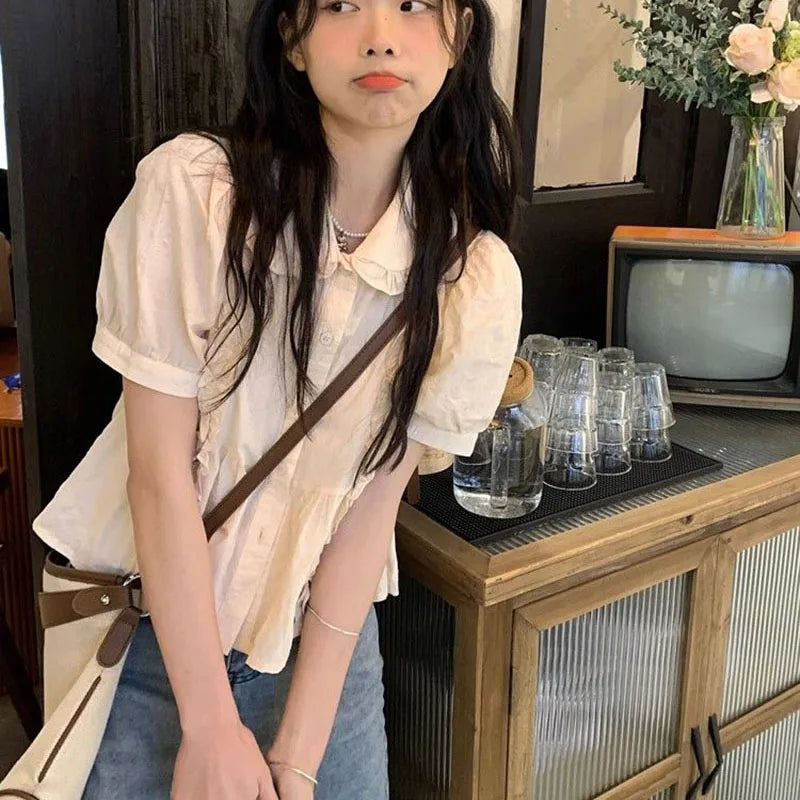 Ruffles Shirts and Blouses Korea Short Sleeve Top Women 2024 Summerpeter Pan Collar Sweet Blouses Cute Elegant Solid Clothes New