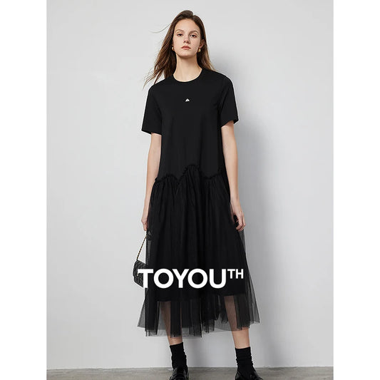 TOYOUTH Women Mesh Splicing T-Shirt Skirt 2024 Summer New Cool And Antibacterial Mid Length Skirt