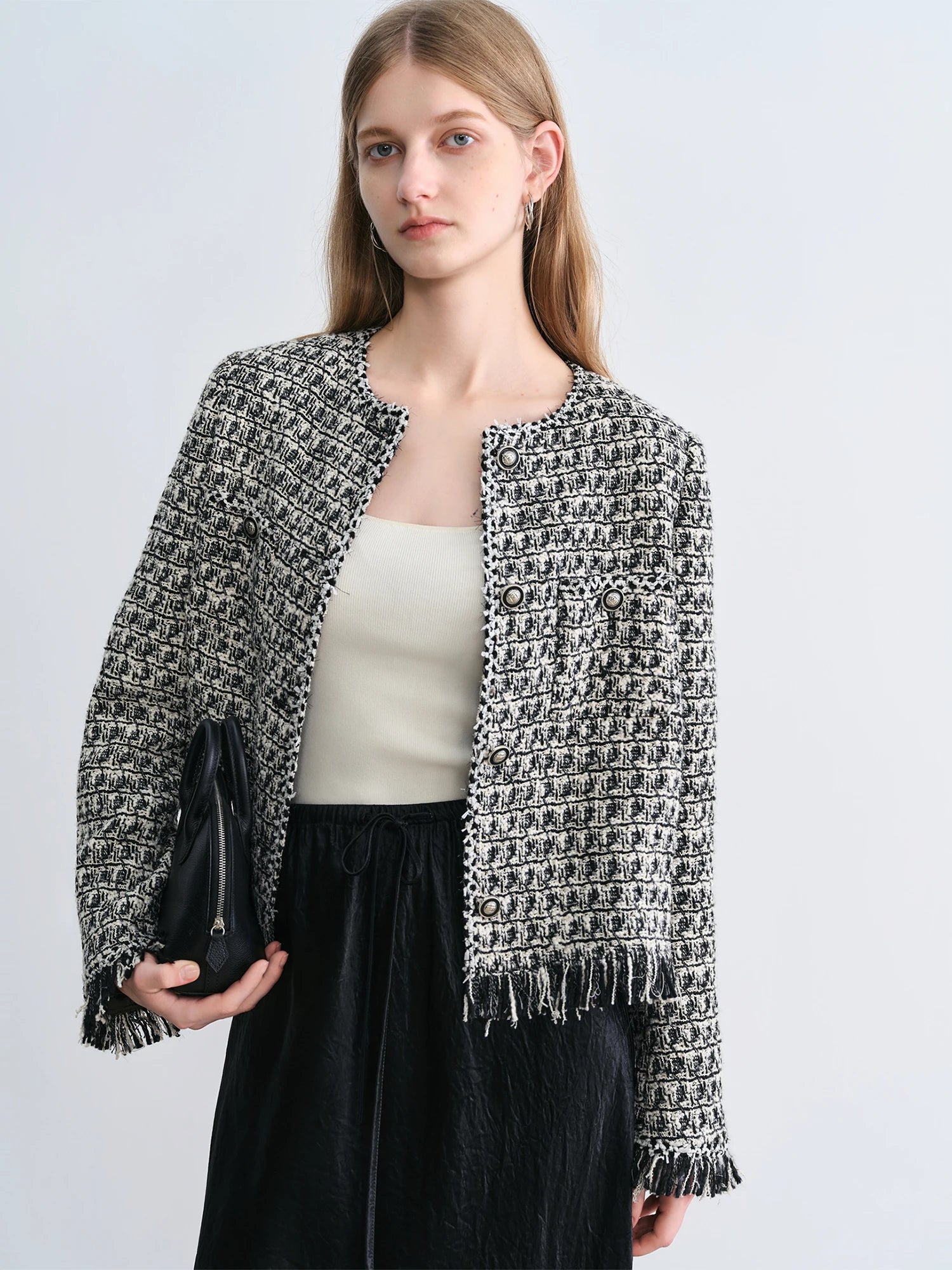 ZIQIAO Petite Plaid Tweed Jacket for Women 2025 Autumn New Chic Short Coat French Style Elegant Office Blazer Casual Outerwear