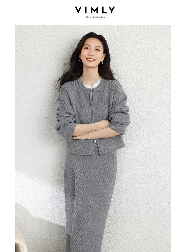 VIMLY Women's Elegant Knitted Suit Autumn Solid Outerwear Knitted Cardigan Jacket Straight Skirts Set Office Lady Simple Sets