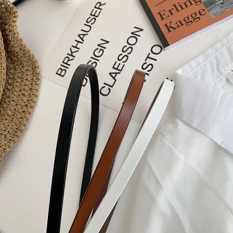 Luxury Brand Women Belts Thin Golden Buckle PU Leather Strap For Dress Trousers Casual Black Ladies Female Designer Waistband