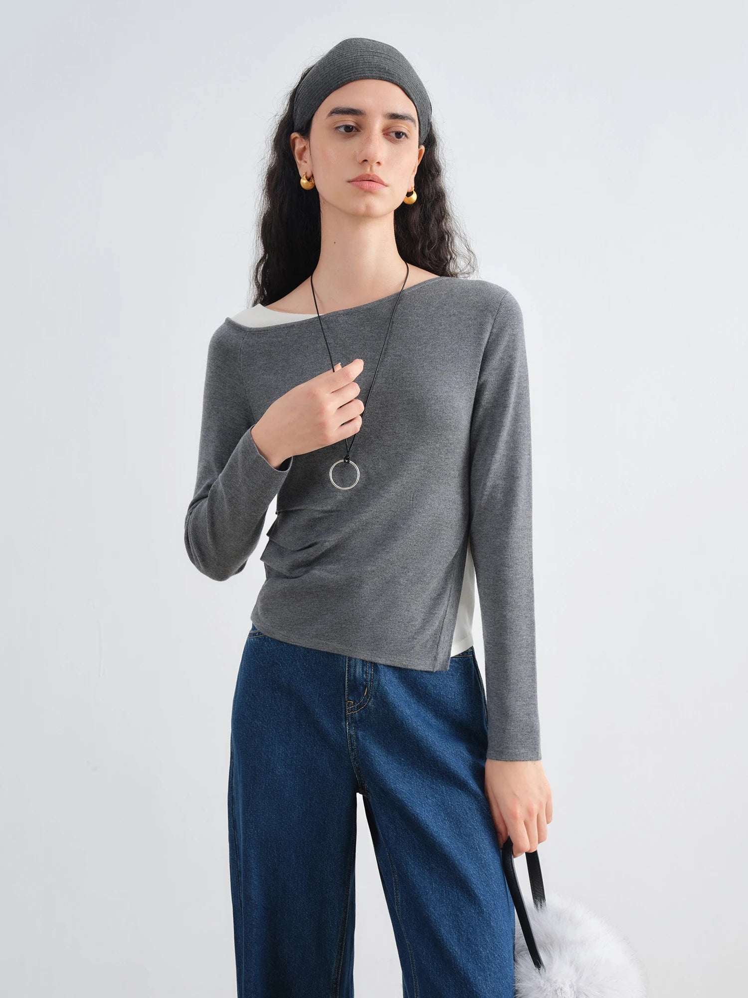 ZIQIAO Gray Mock Two-Piece Knit Set for Petite Women Fall 2025 New Arrival Elegant Complete Outfit Gray White Striped Top Skirt