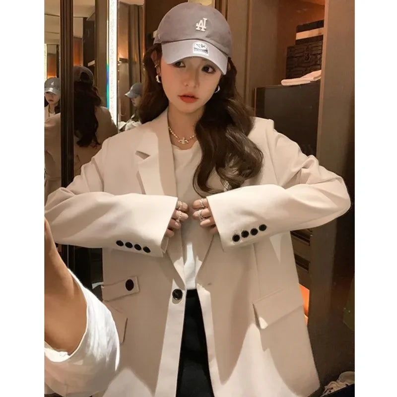 Fashion Women's Blazer Jacket Beige Design Sense Back Split Outerwear Spring 2024 New Korean Loose Long Sleeve Suit Coat Female