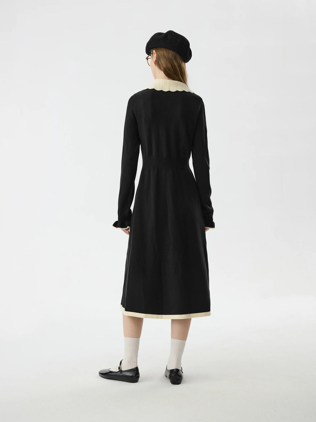 FSLE Office Lady Color Blocking Collar Knitted Dress for Women's Autumn Winter New Waist Cinching Black High Waisted Dress