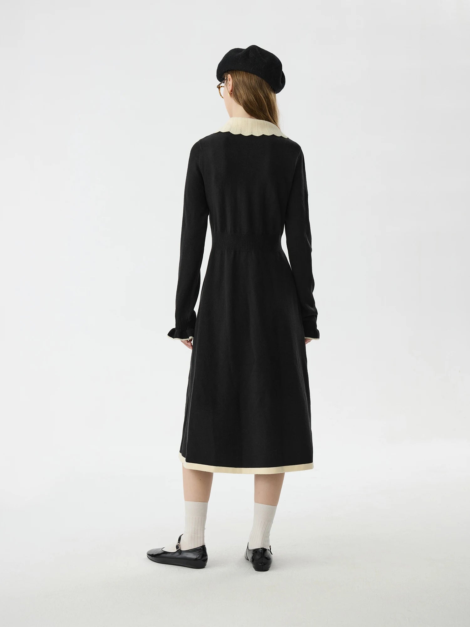 FSLE Office Lady Color Blocking Collar Knitted Dress for Women's Autumn Winter New Waist Cinching Black High Waisted Dress