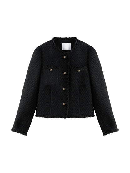 ZIQIAO Women Tweed Jackets Winter 23.4% Wool Black Temperament Short Wool Coats Round Neck Single Breasted Jacket 24ZQ94230