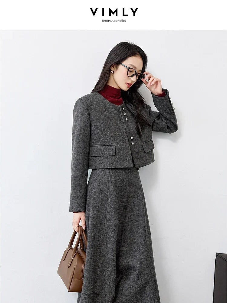 VIMLY Women's Simple Blazer and Skirt Set Fall Winter Elegant Little Fragrant Style Jacket Elastic Waist Skirt Commuter 2pcs Set