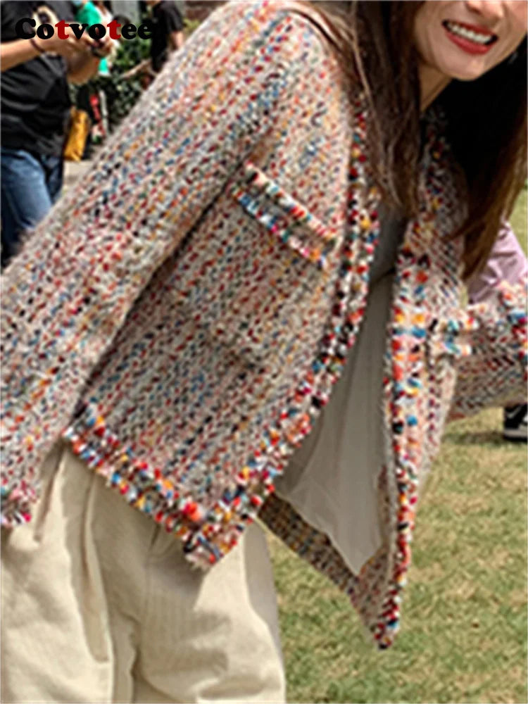 Cotvotee Rainbow Wool Coat Women 2024 Spring Autumn New Fashion Long Sleeve Jackets Vintage V Neck Open Stitch Casual Chic Coats