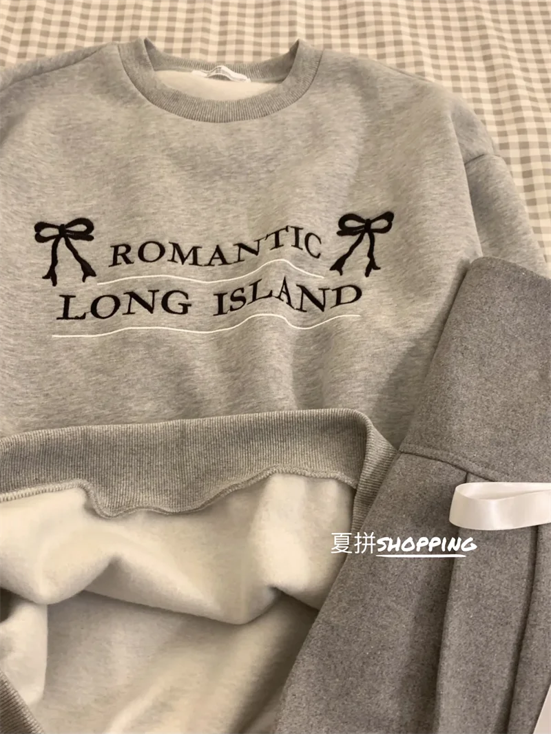 Korean Girlish Embroidered Letters Loose Long-sleeved Sweater Women Slim High Waist Bow Pleated Skirt Leisure Two-piece Suit New