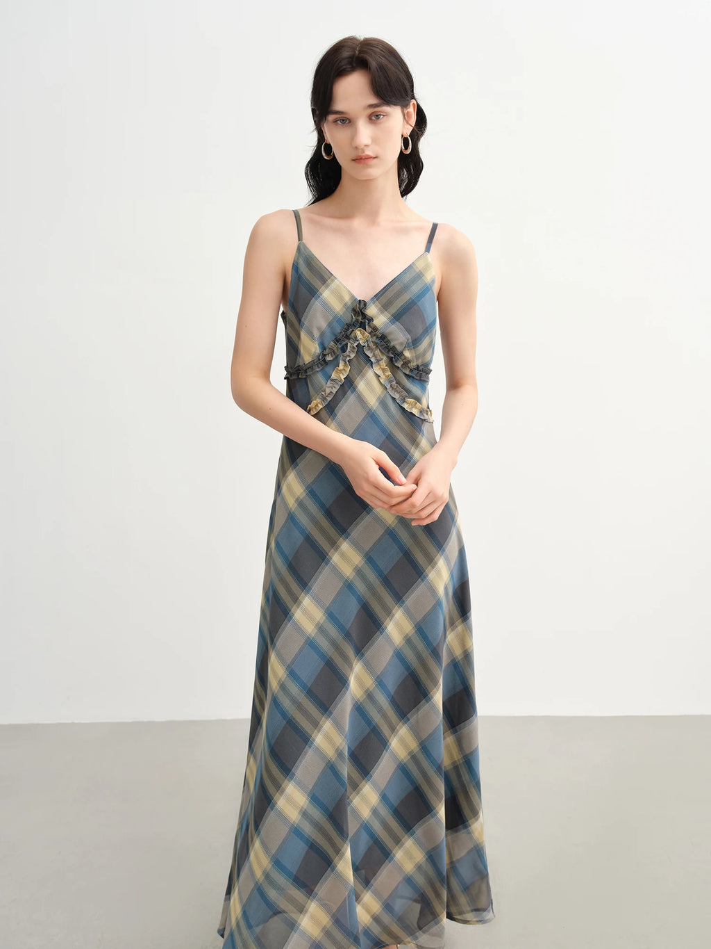 DUSHU 2025 Summer Women's Floral Checkered Maxi Dress - Curve-Flattering Ruffle Trim & A-Line Silhouette for Elegant Occasions